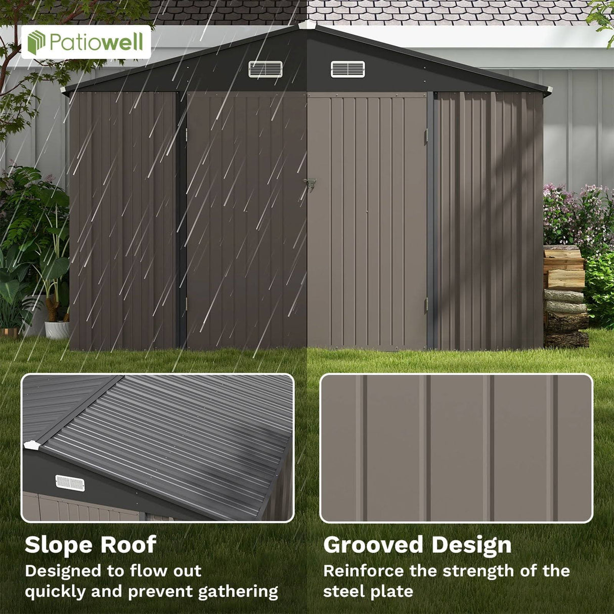 Patiowell Size Upgrade 10 x 10 ft Outdoor Storage Metal Shed with Slop